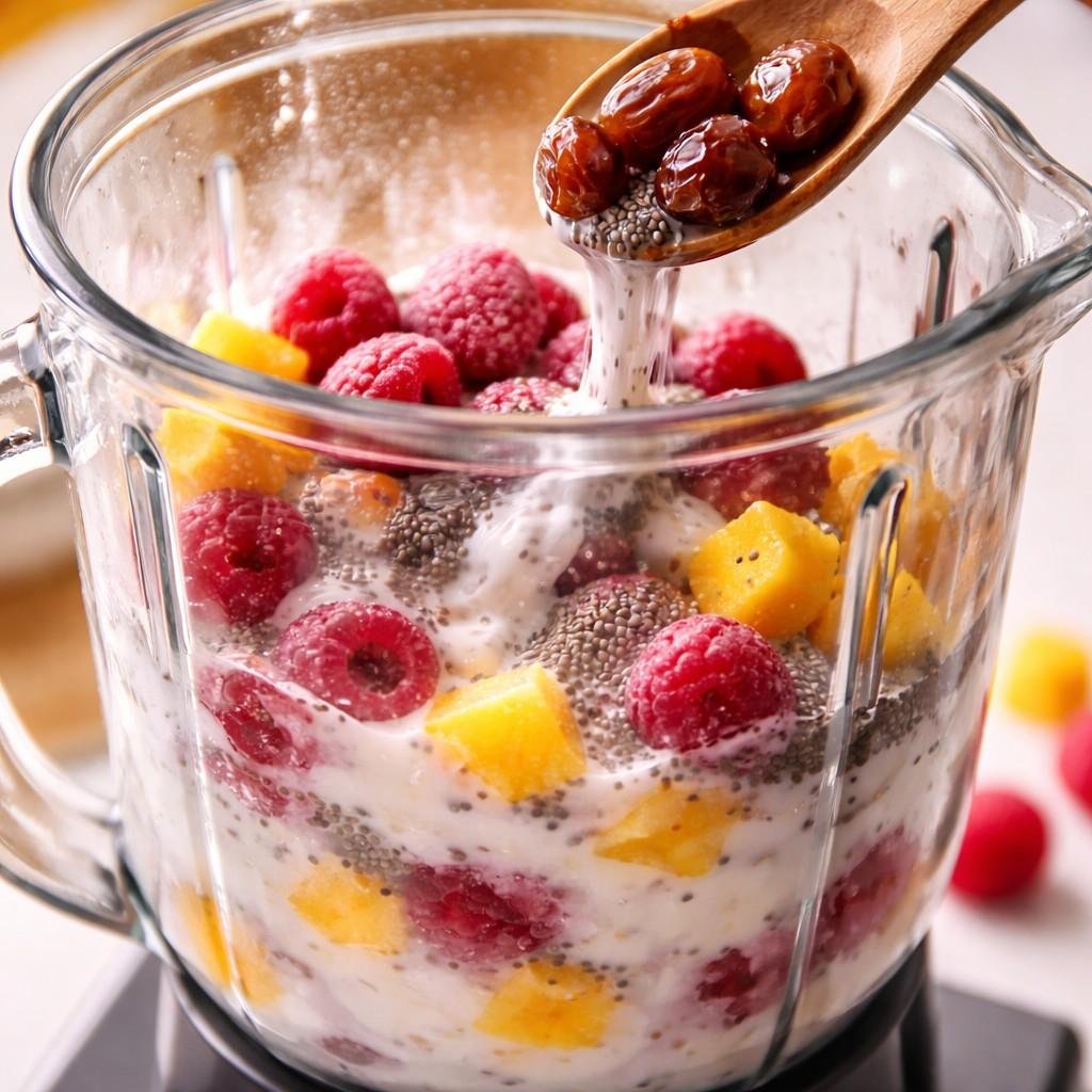 Blending vibrant fruit and chia seeds