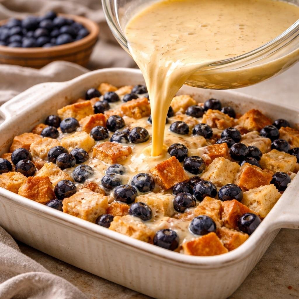 • Blueberry French toast casserole prep
