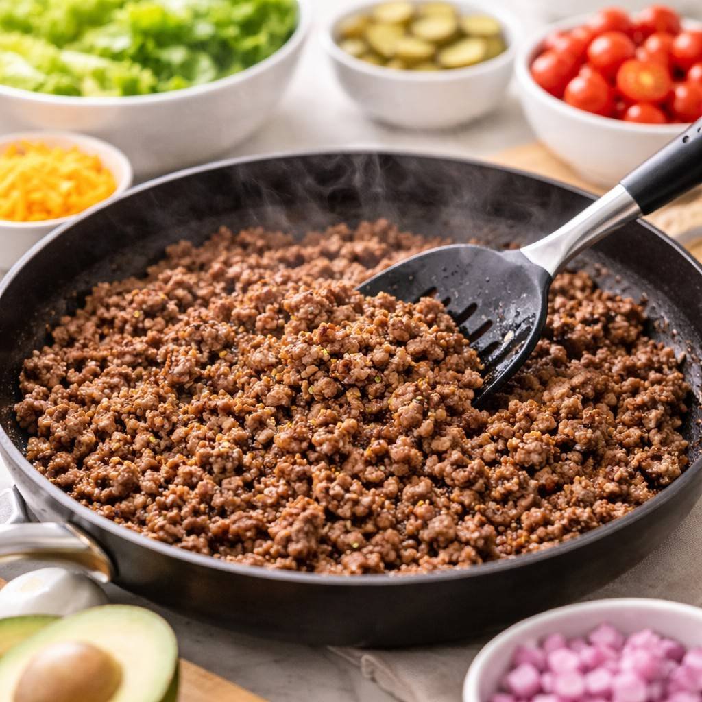 Browning ground beef with fresh toppings