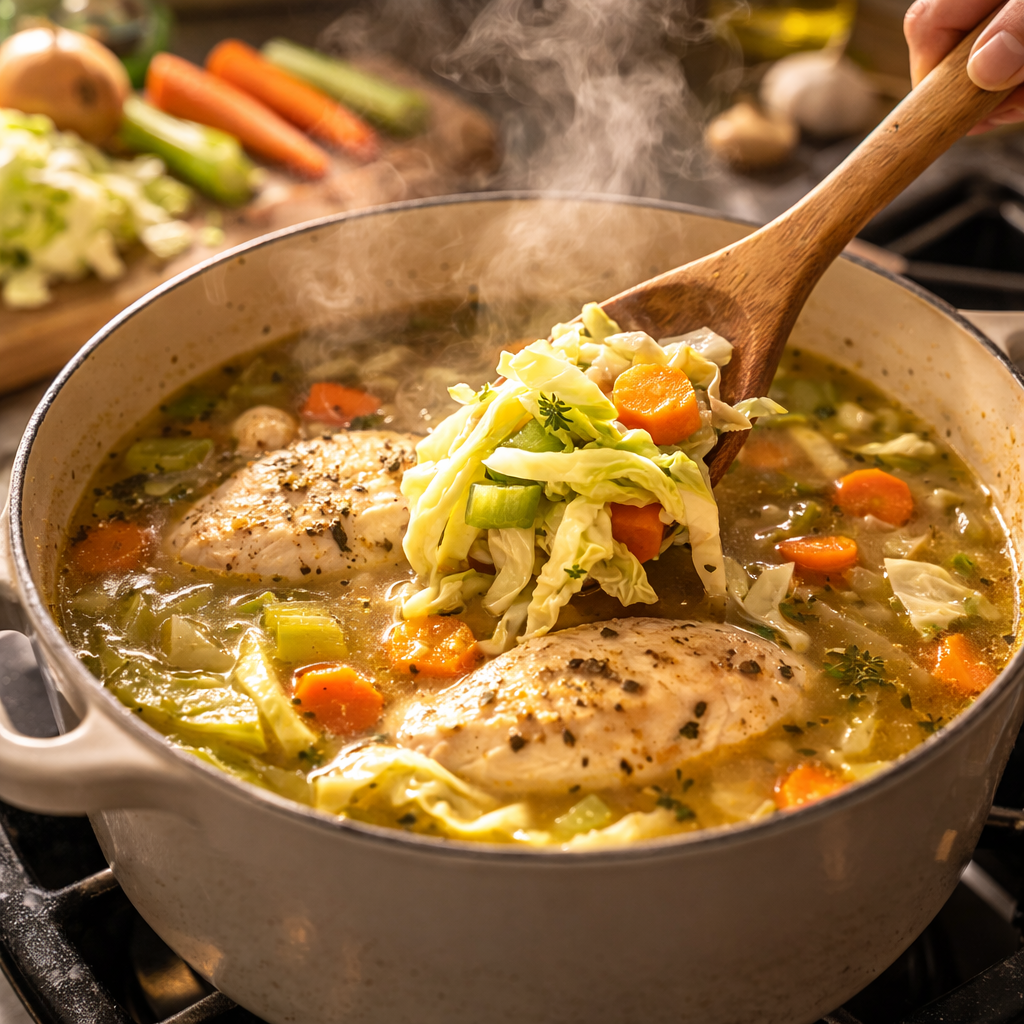Hearty chicken soup simmering on stove