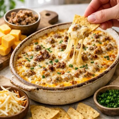 Cheesy sausage dip with tortilla chips