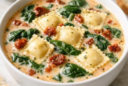 Thumbnail for Creamy Sun-Dried Tomato & Spinach Soup with Ravioli in 30 Minutes