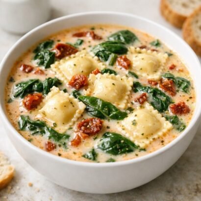 Creamy ravioli soup with spinach