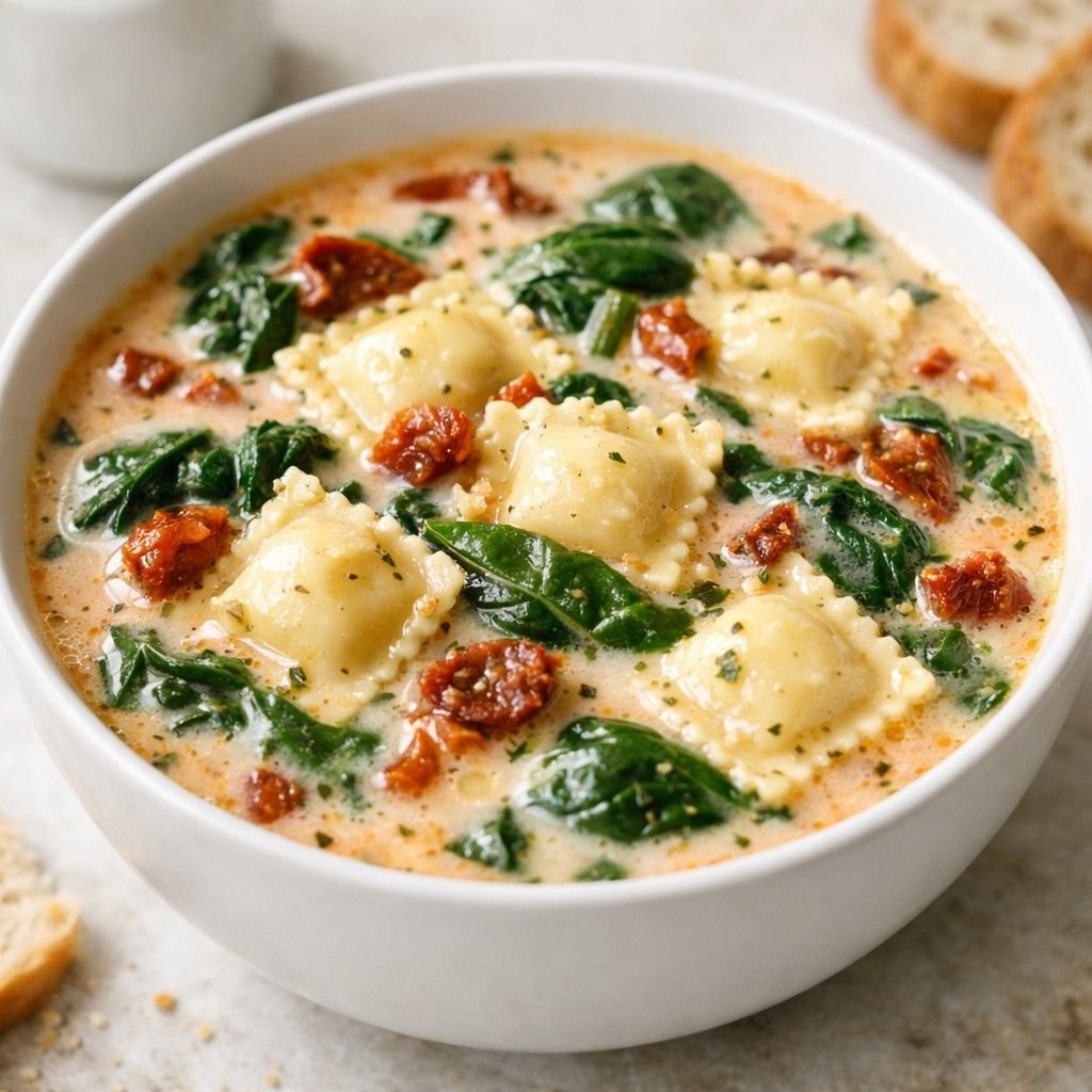 Creamy ravioli soup with spinach