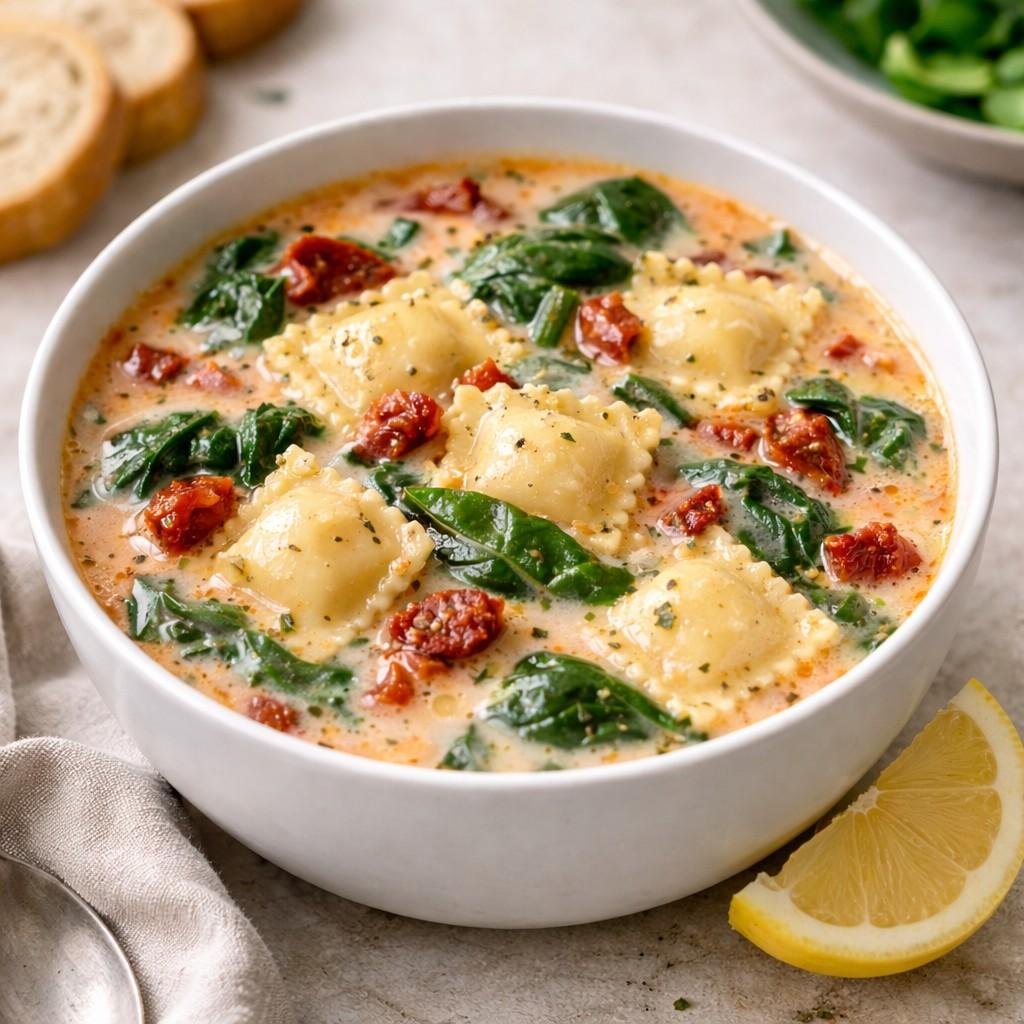 Creamy ravioli soup with sun-dried tomatoes
