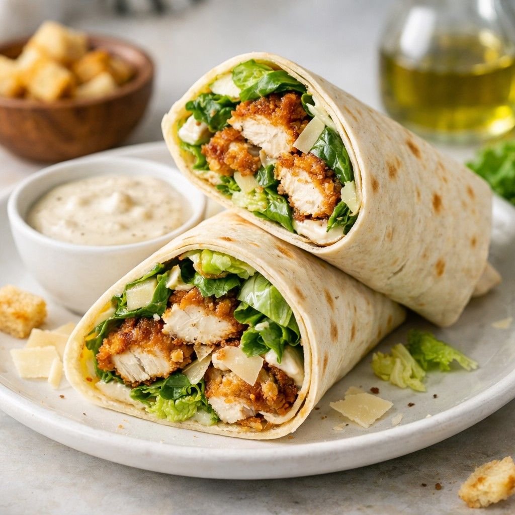 Crispy chicken Caesar wraps with dressing