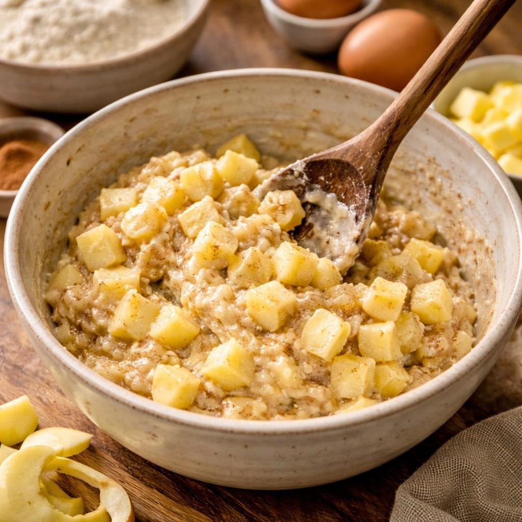 Diced apples folding into batter