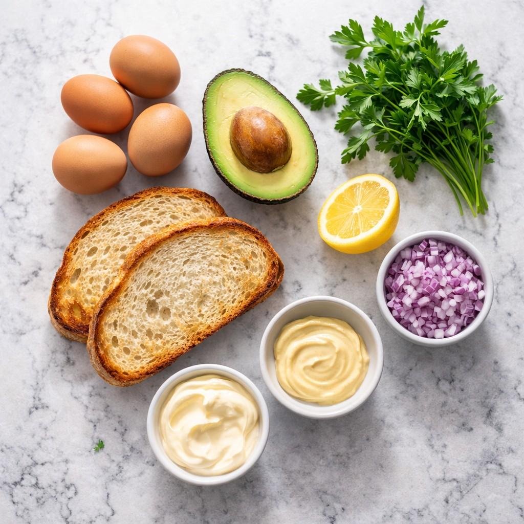 Egg salad avocado toast ingredients setup