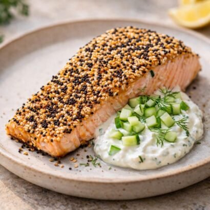 Everything bagel crusted salmon with sauce