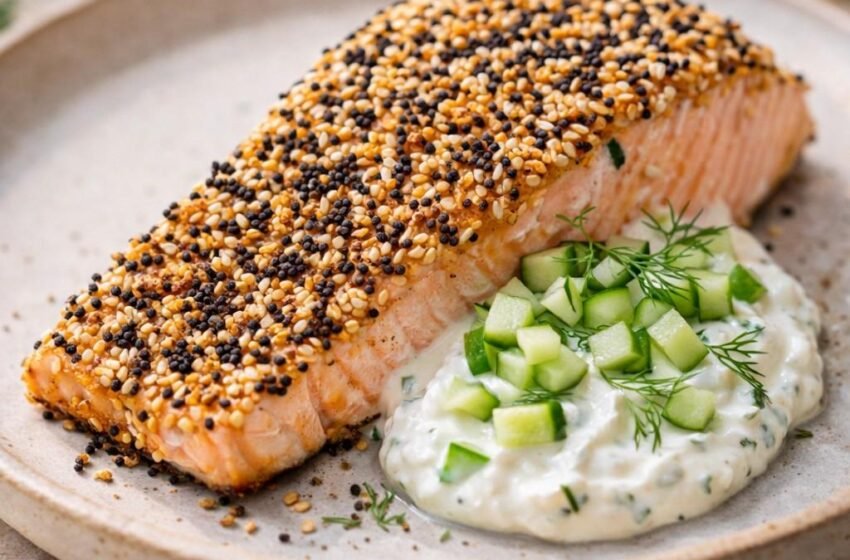Everything bagel crusted salmon with sauce