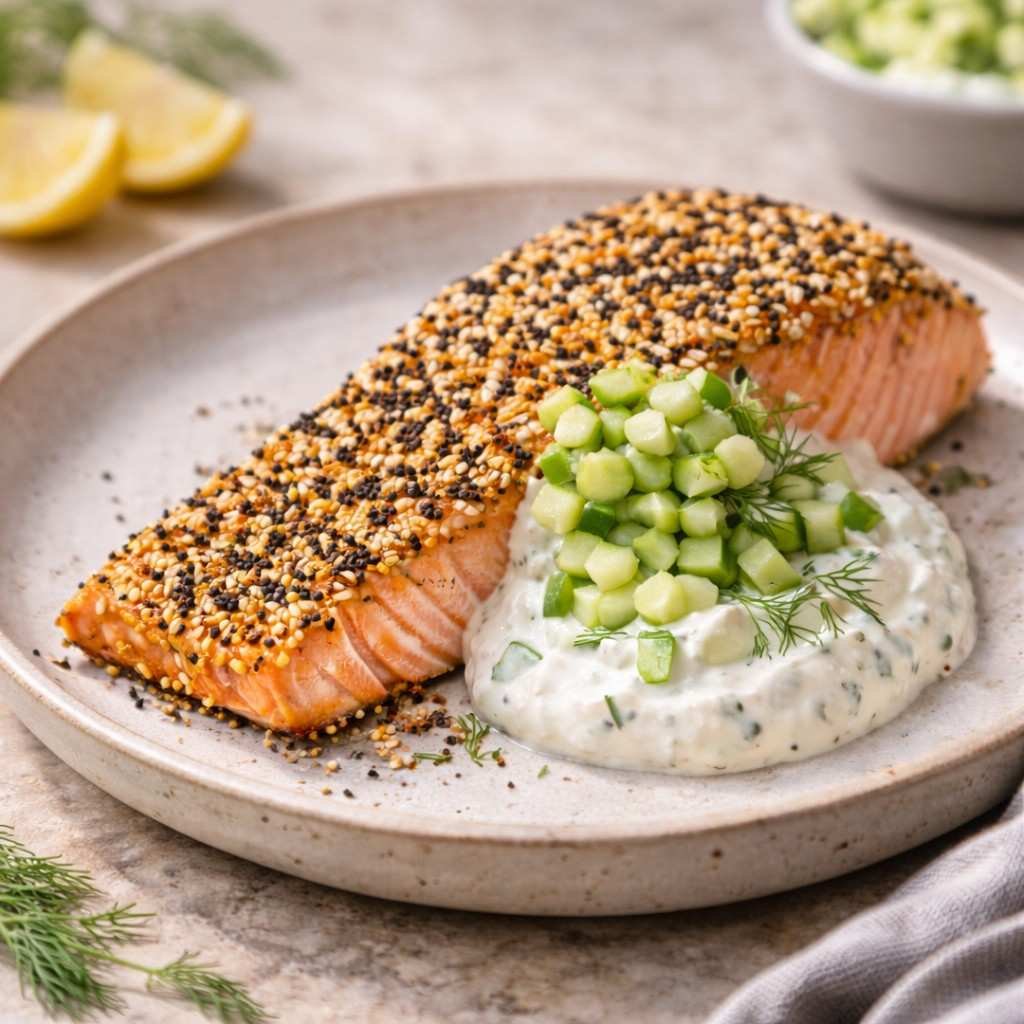 Everything bagel crusted salmon with yogurt sauce