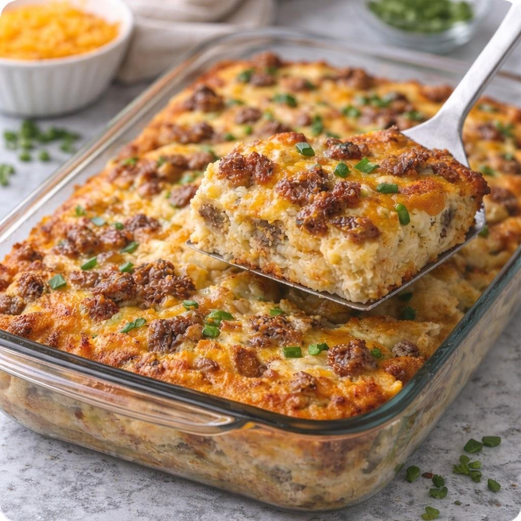 Golden breakfast casserole slice served warmly
