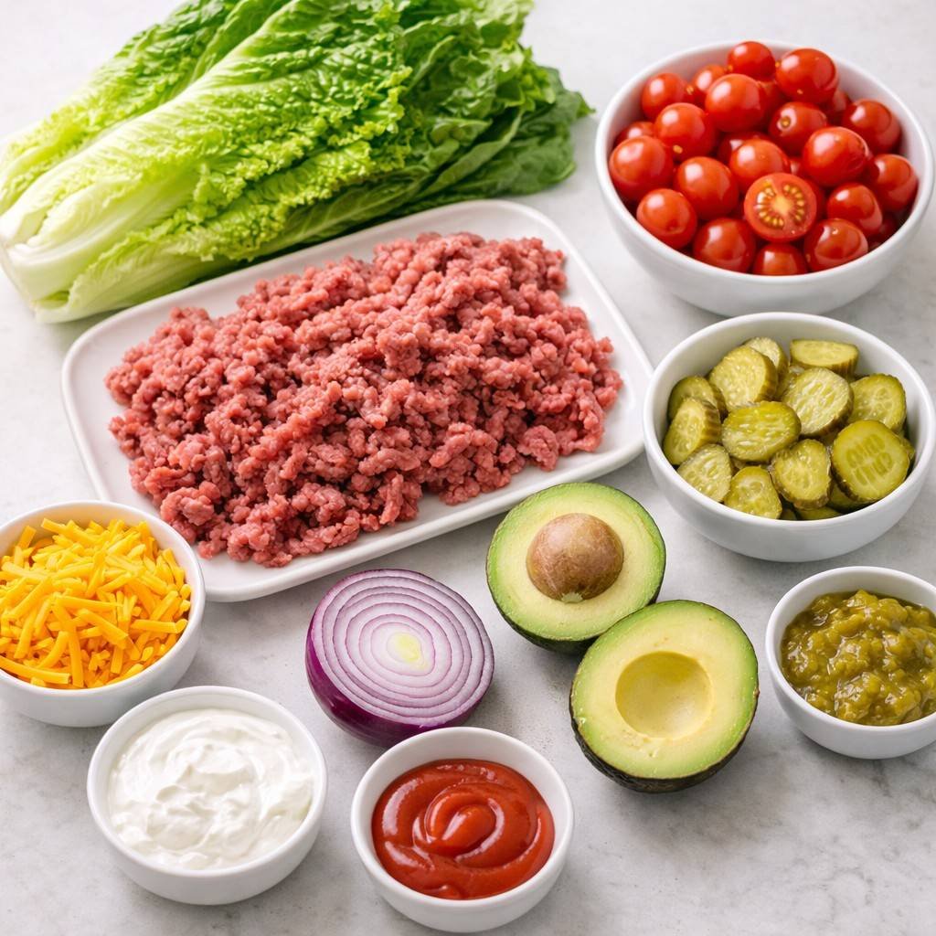 Healthy burger bowl ingredients spread out