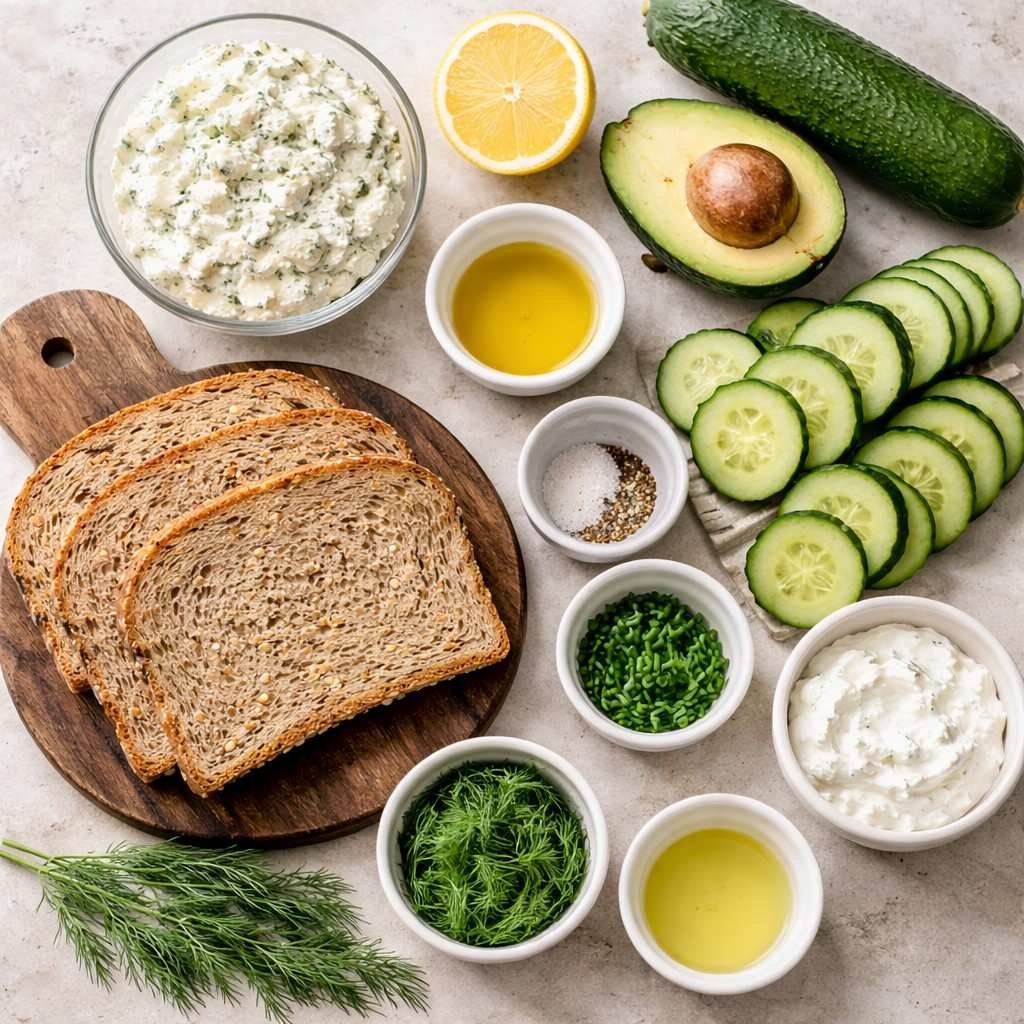 Healthy cucumber sandwich prep ingredients