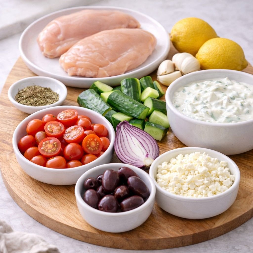 Mediterranean Greek chicken bowl ingredients