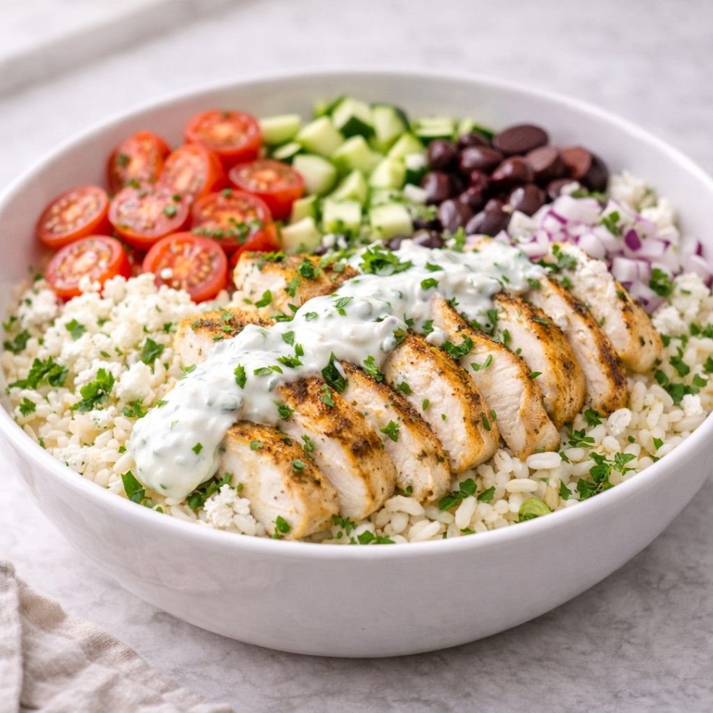 Mediterranean Greek chicken bowl close-up