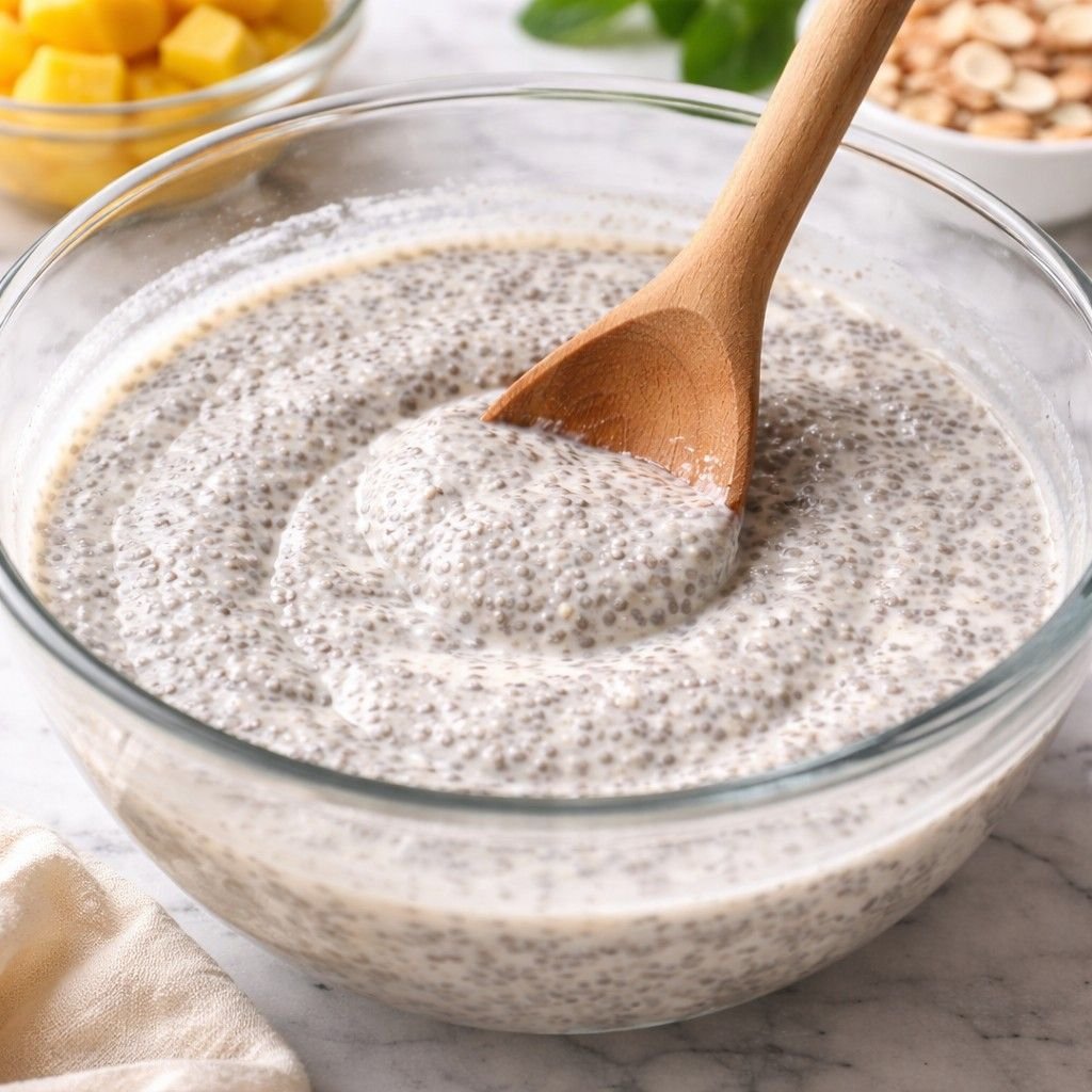 Mixing chia pudding with coconut milk
