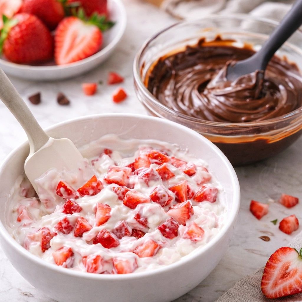 Mixing yogurt and strawberries for clusters