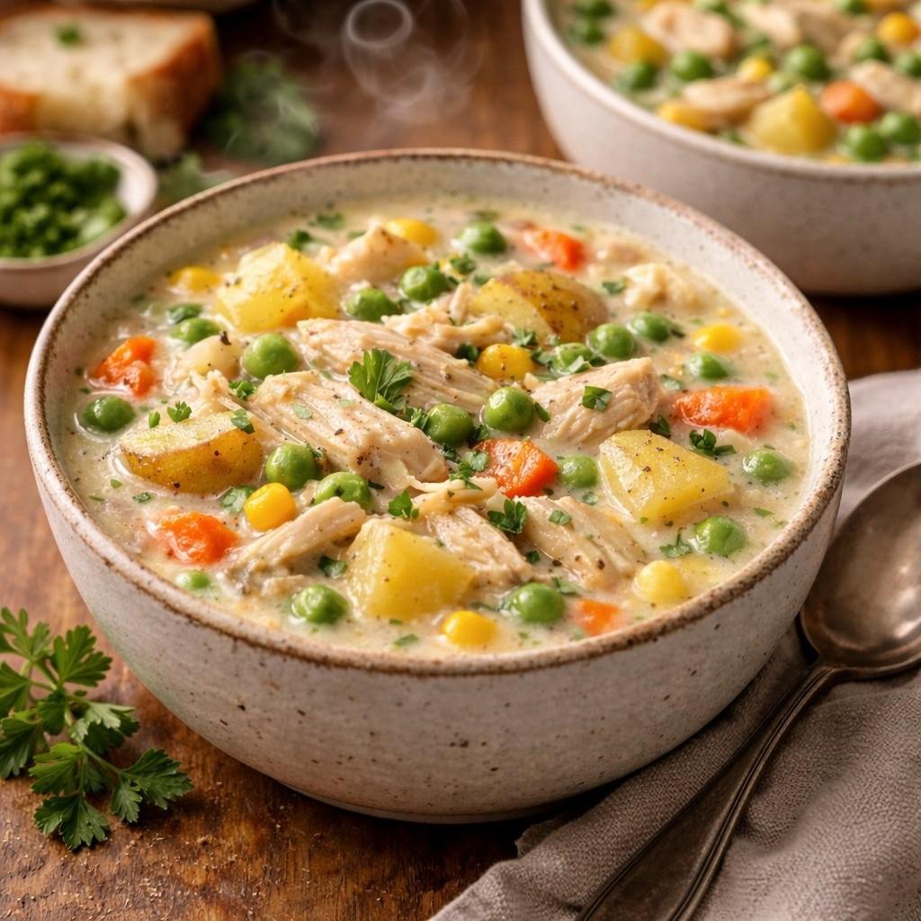 One-Pot Chicken Pot Pie Soup with Tender Potatoes