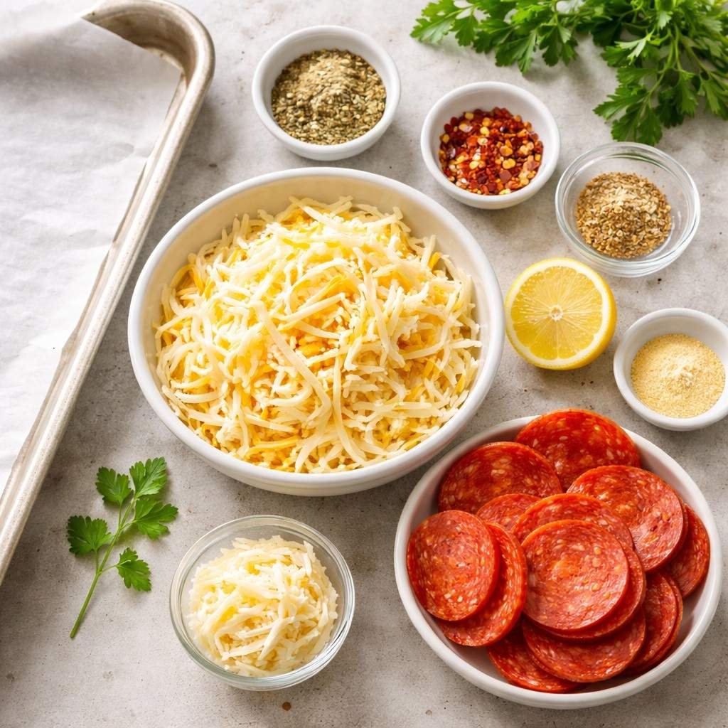 Pepperoni and cheese crisp ingredients