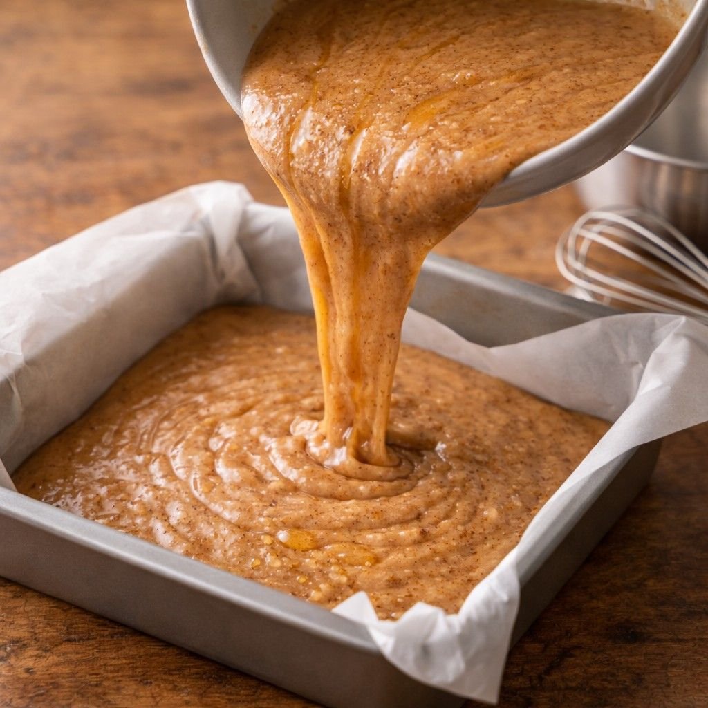 Pouring honey cinnamon batter into pan