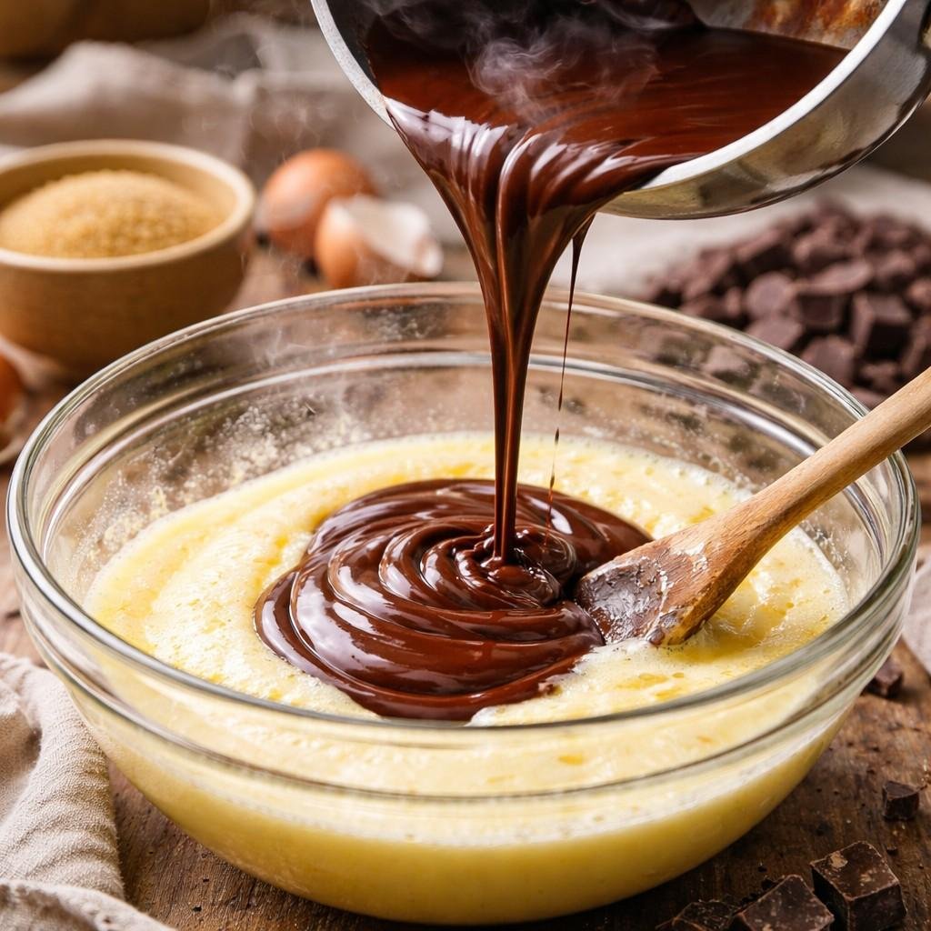 Pouring melted chocolate into batter