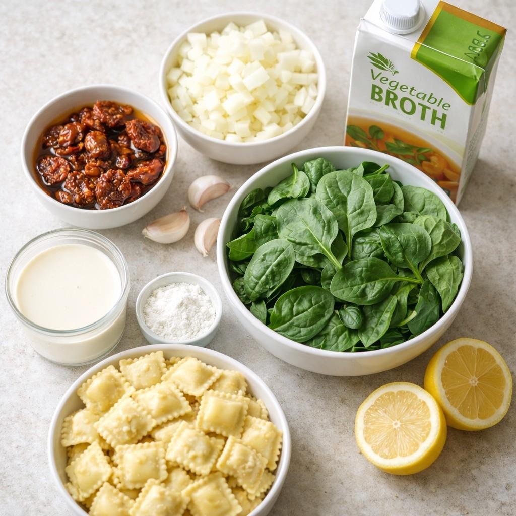 Prepared ingredients for ravioli soup