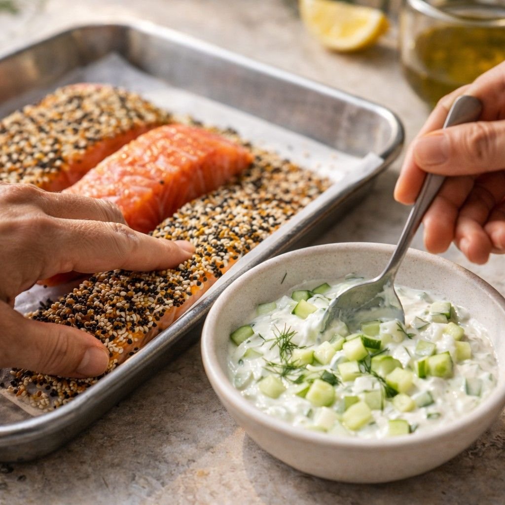 Salmon preparation with creamy yogurt sauce