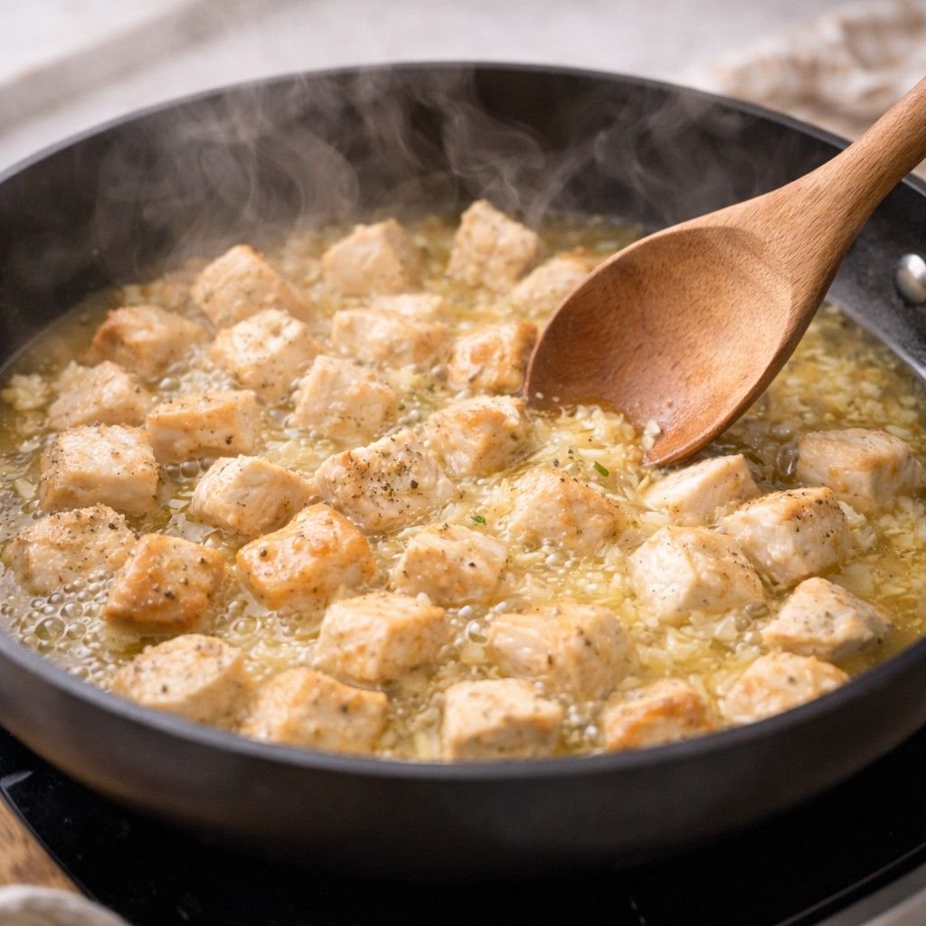 Sautéing chicken in simmering broth
