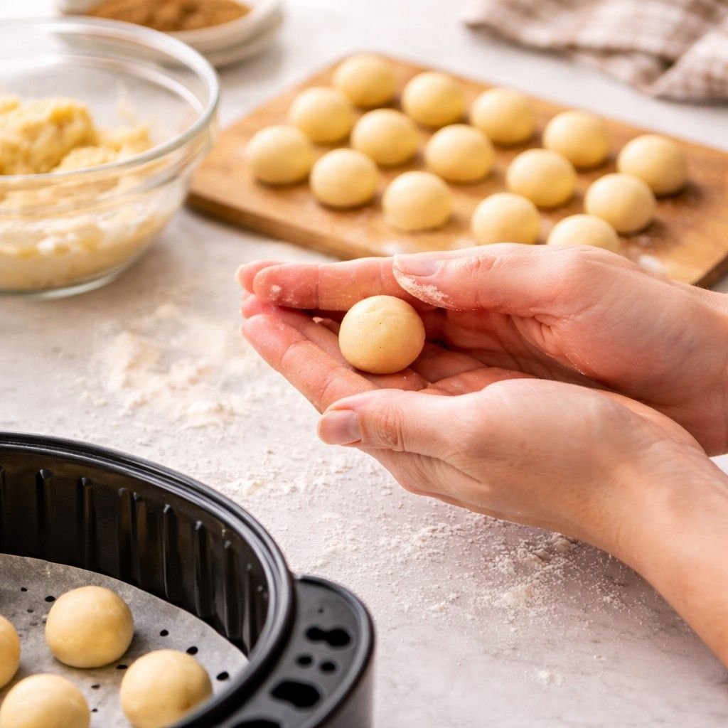 Shaping dough in a bright kitchen