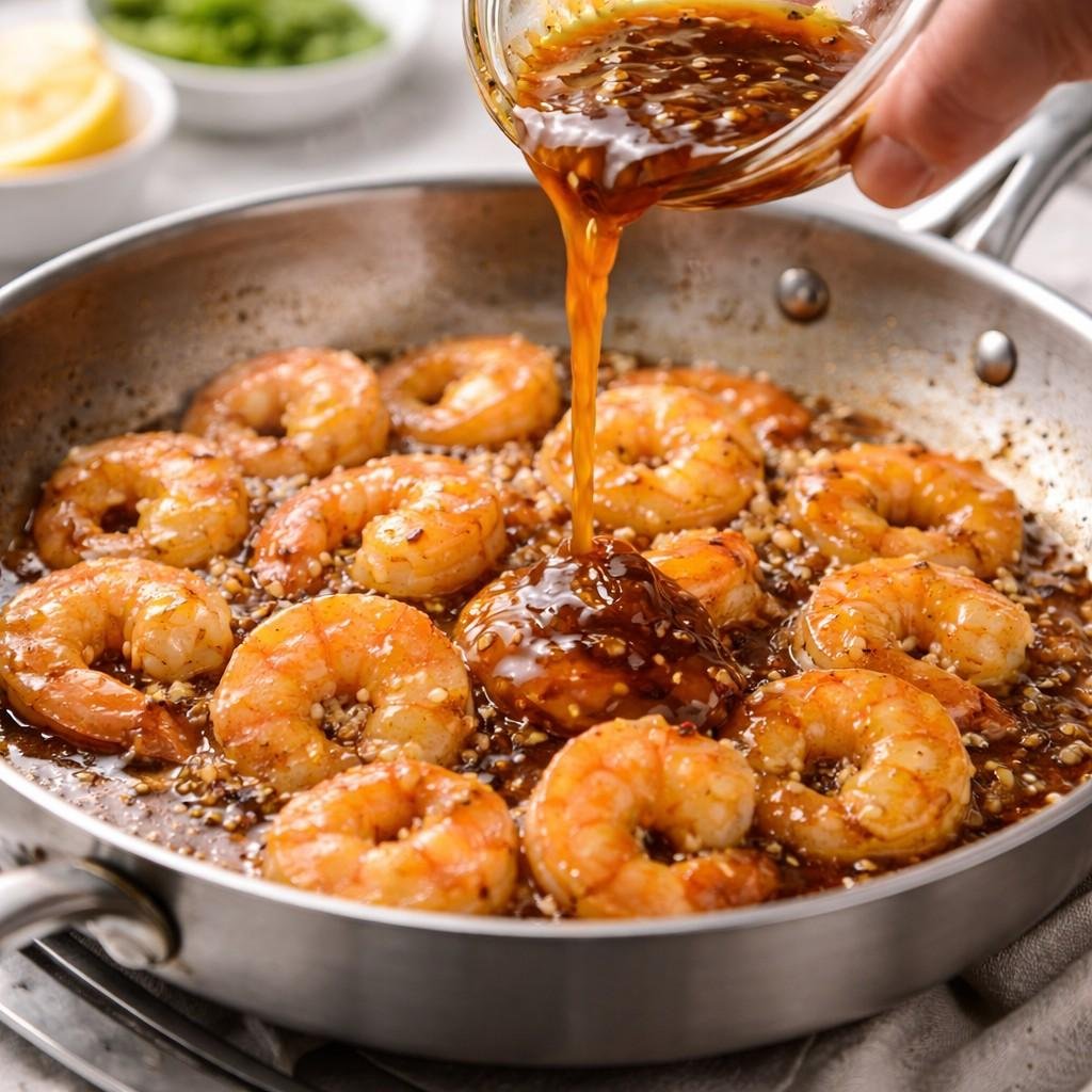 Sizzling honey garlic shrimp in skillet
