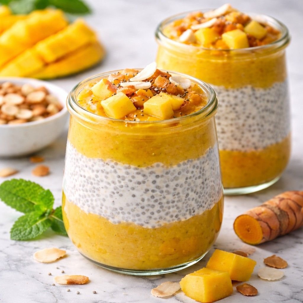 Tropical coconut mango chia pudding jars