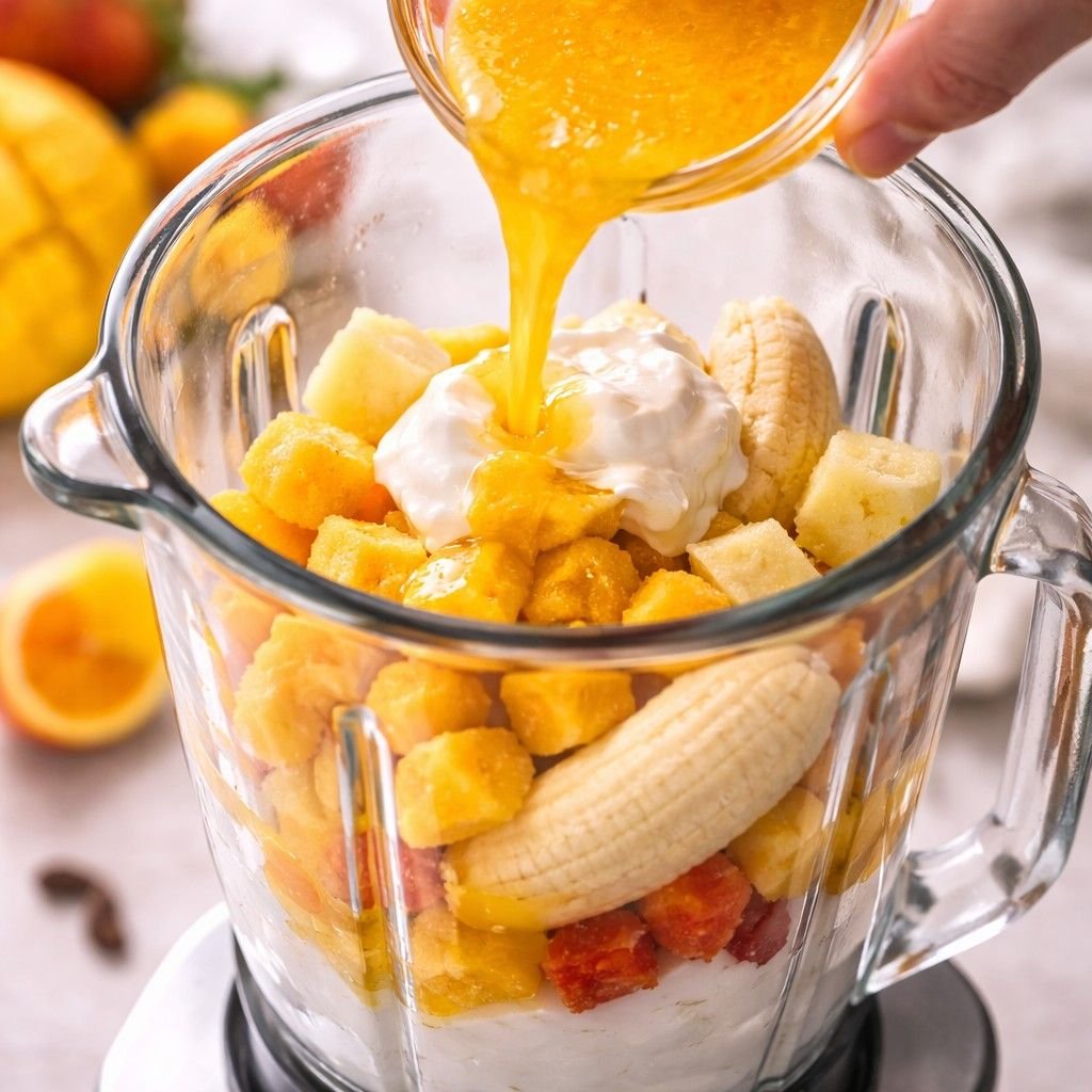 Tropical smoothie ingredients in blender