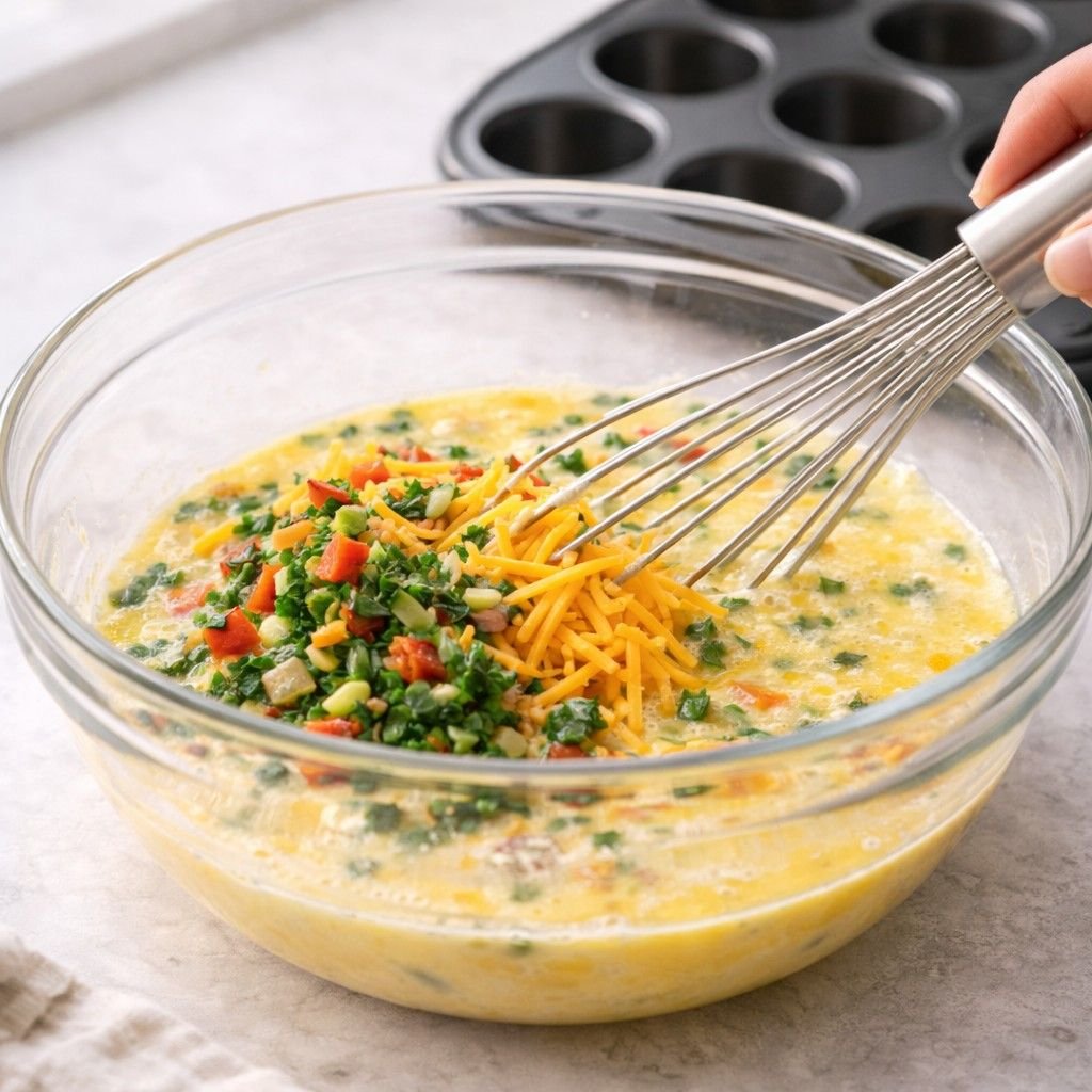 Whisking ingredients for savory muffins
