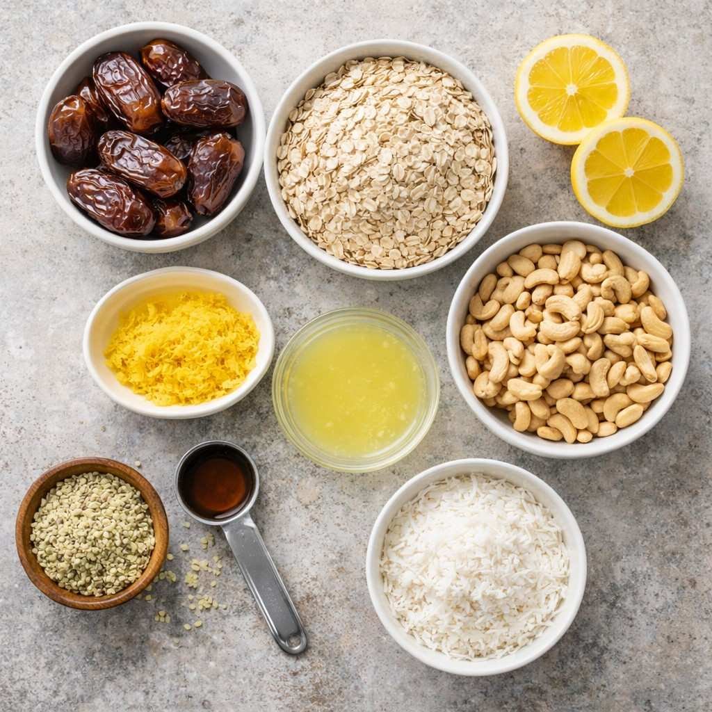 Zesty energy ball ingredients on countertop
