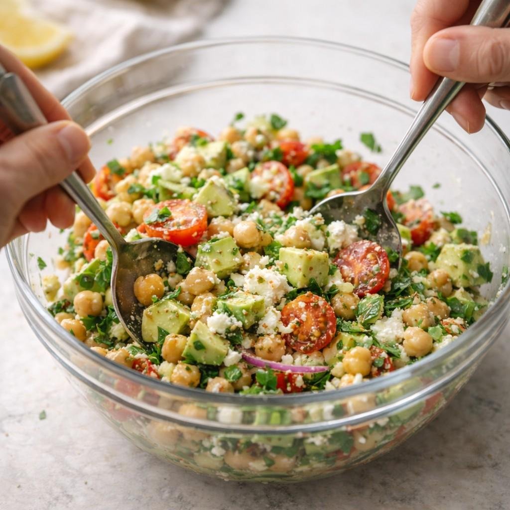 mixing-fresh-chickpea-avocado-salad
