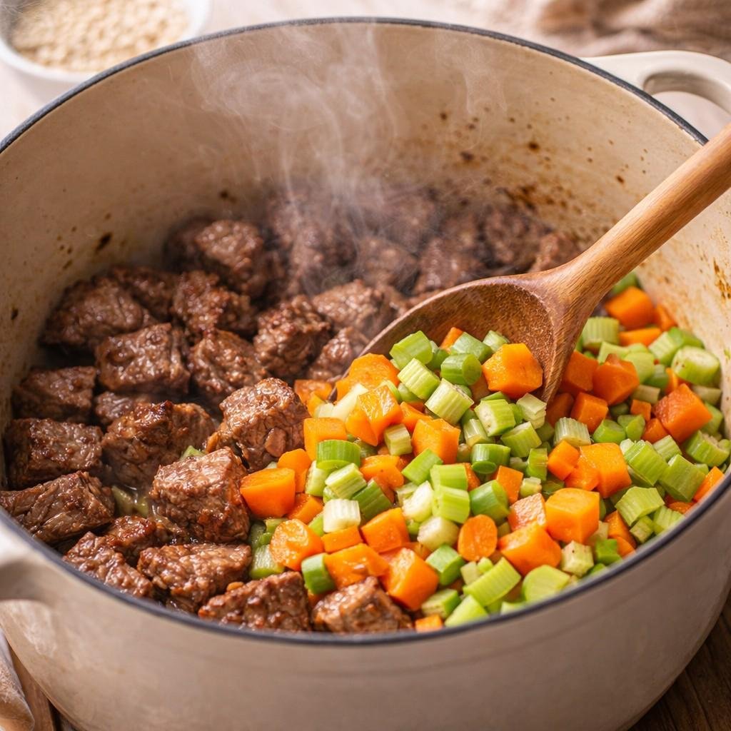 Beef barley soup in the making