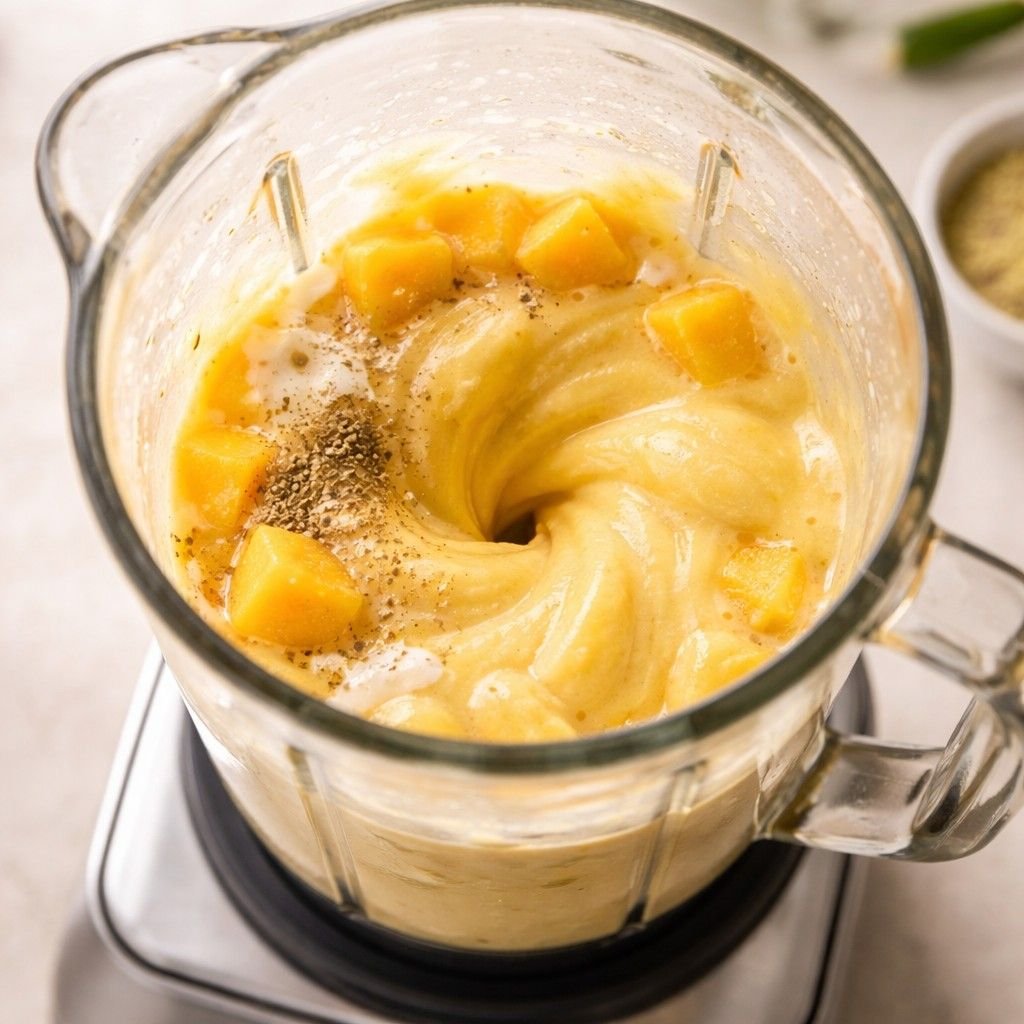 Blending a creamy mango smoothie
