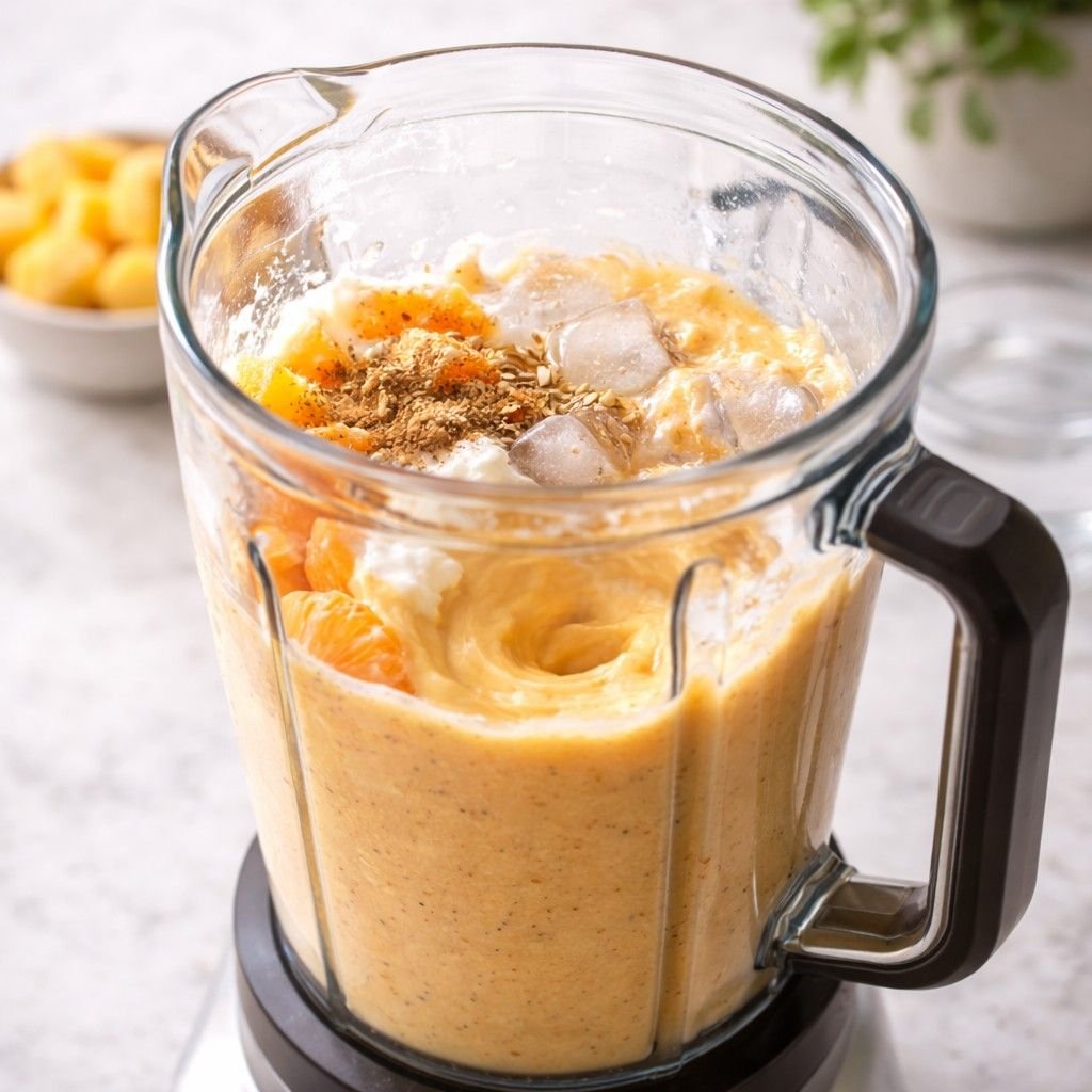 Blending a creamy mango smoothie