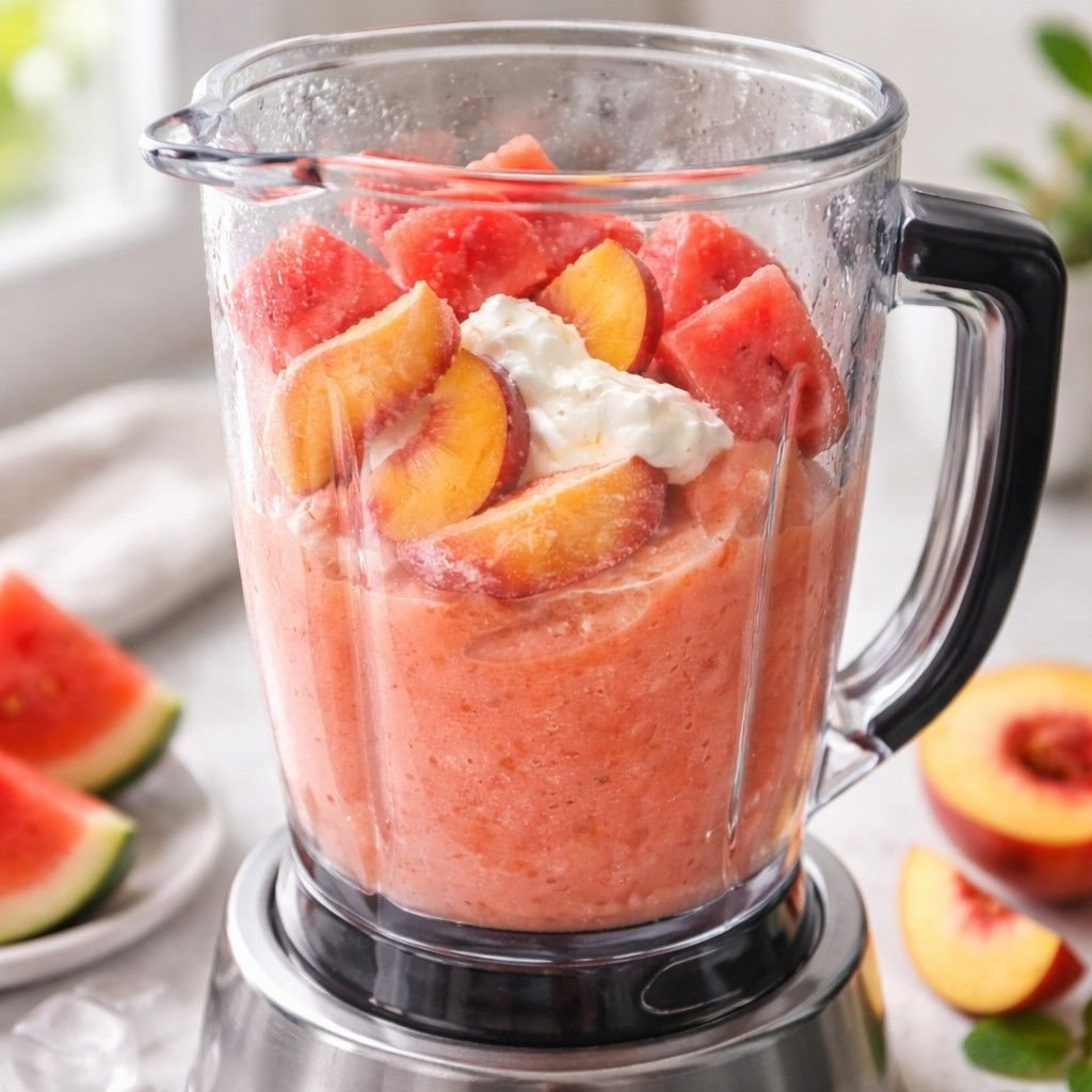 Blending a watermelon peach smoothie