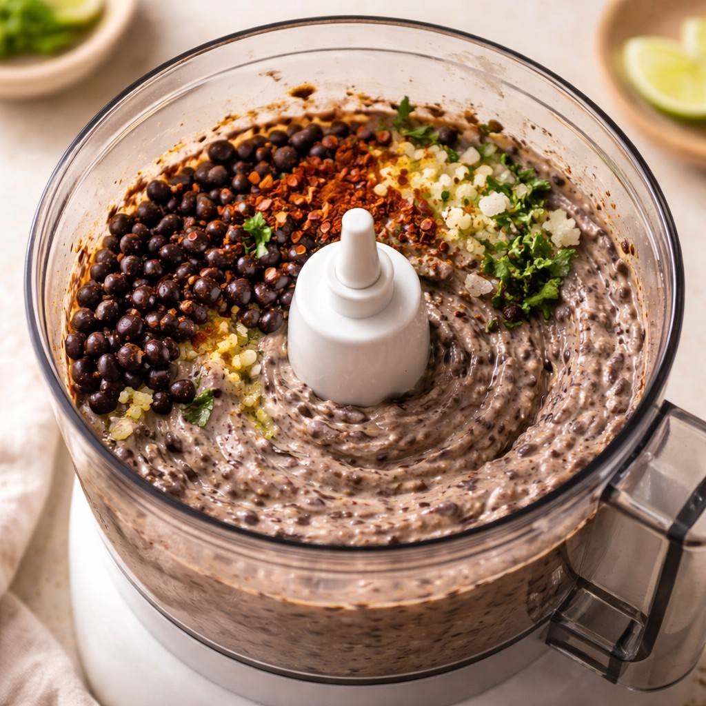 Blending creamy black bean dip
