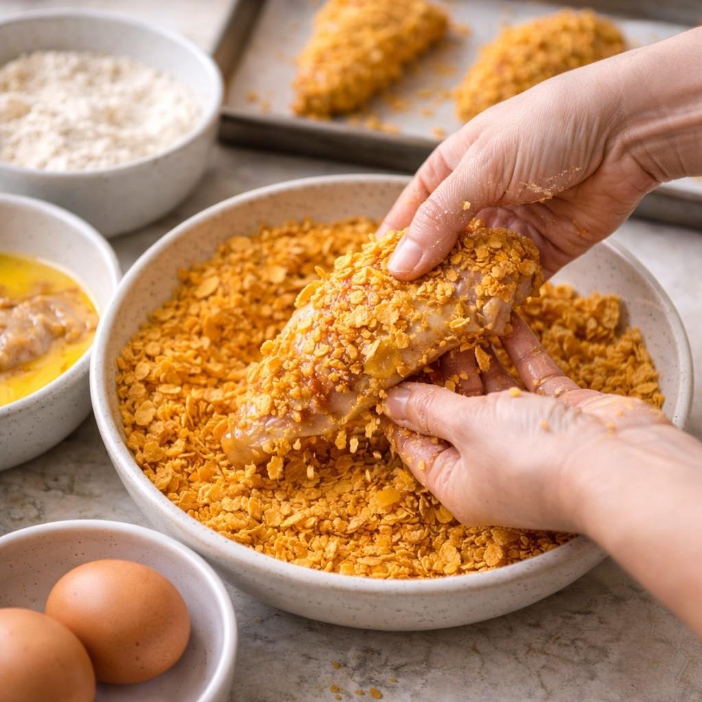 Breading chicken with cornflakes
