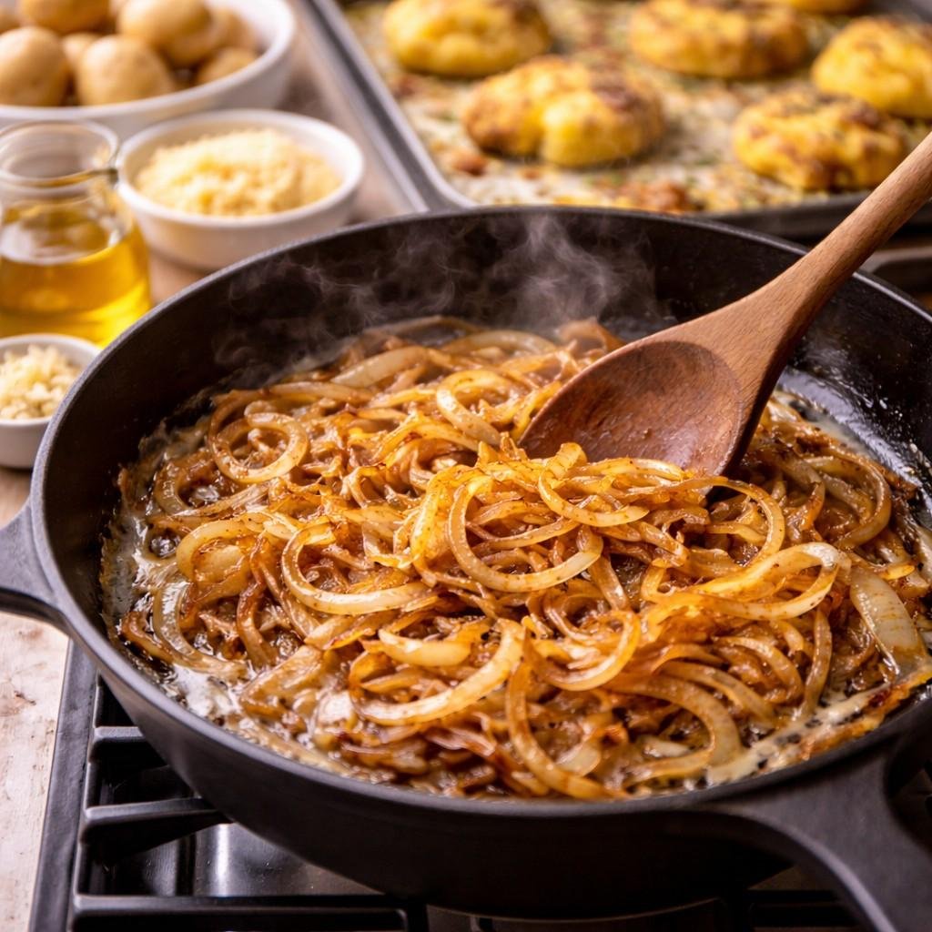Caramelizing onions with roasted potatoes