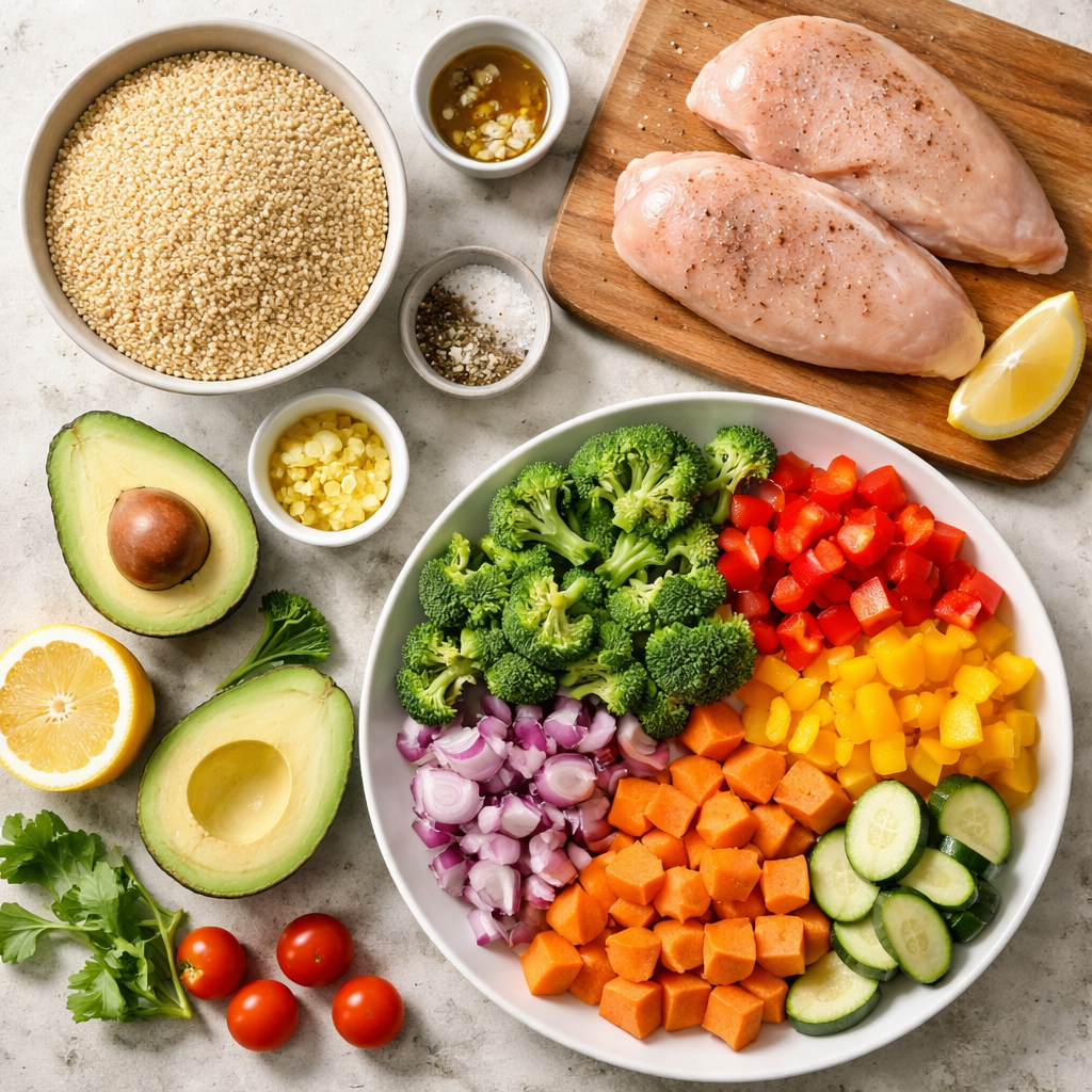 Chicken quinoa salad prep ingredients