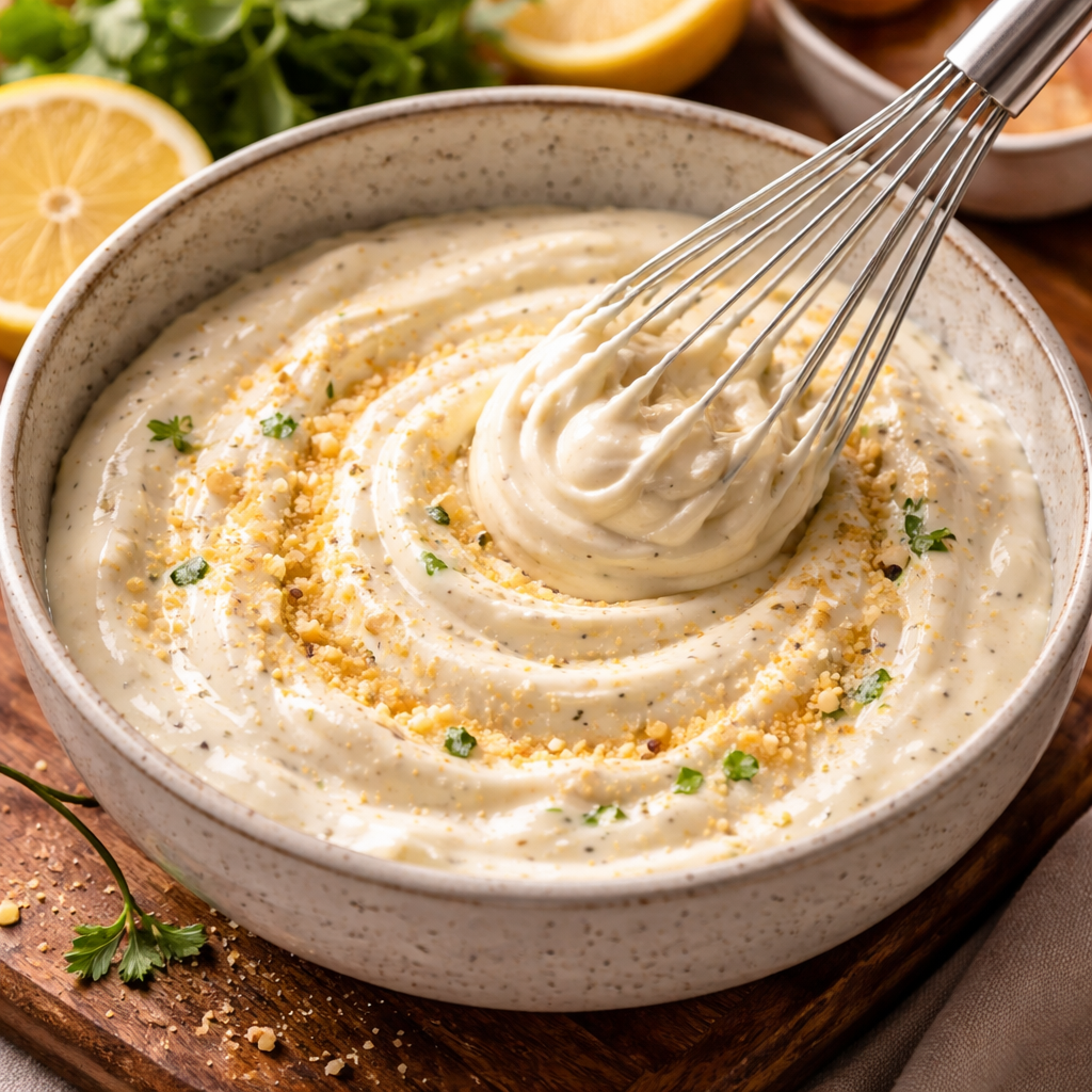 Creamy Caesar dip in the making