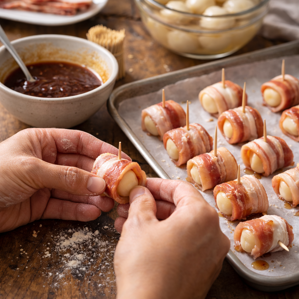 Assembling bacon-wrapped water chestnuts