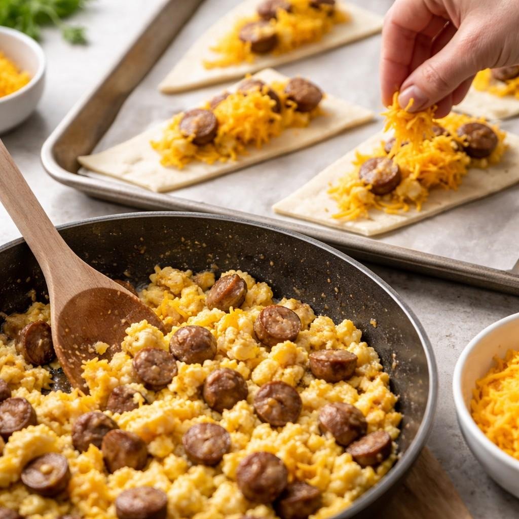 Cheese-filled breakfast roll-ups in progress