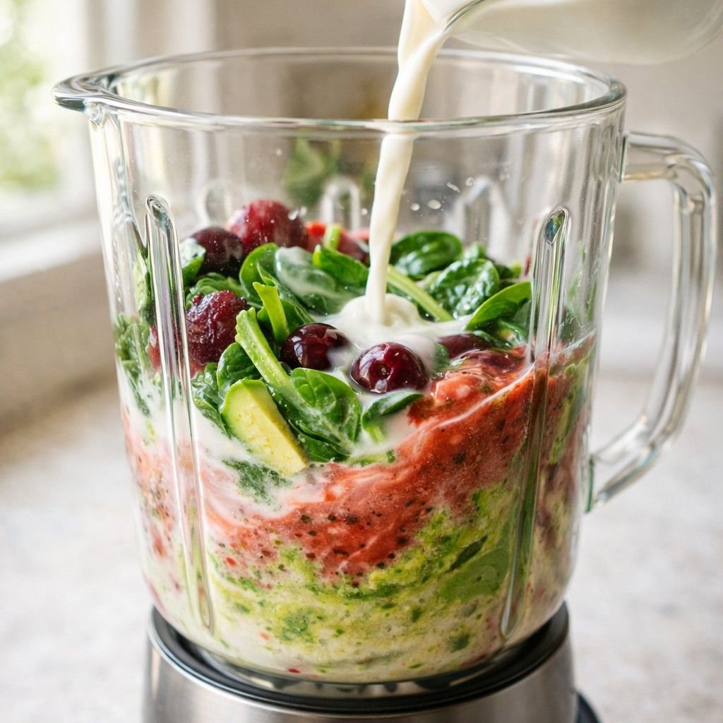 Cherry spinach smoothie in the blender