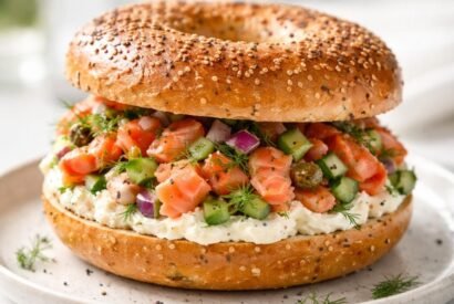Thumbnail for Easy Chopped Smoked Salmon Veggie Bagel Sandwich