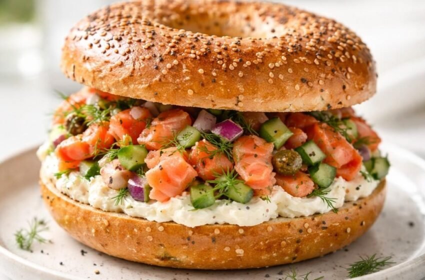 Chopped Smoked Salmon Veggie Bagel Sandwich